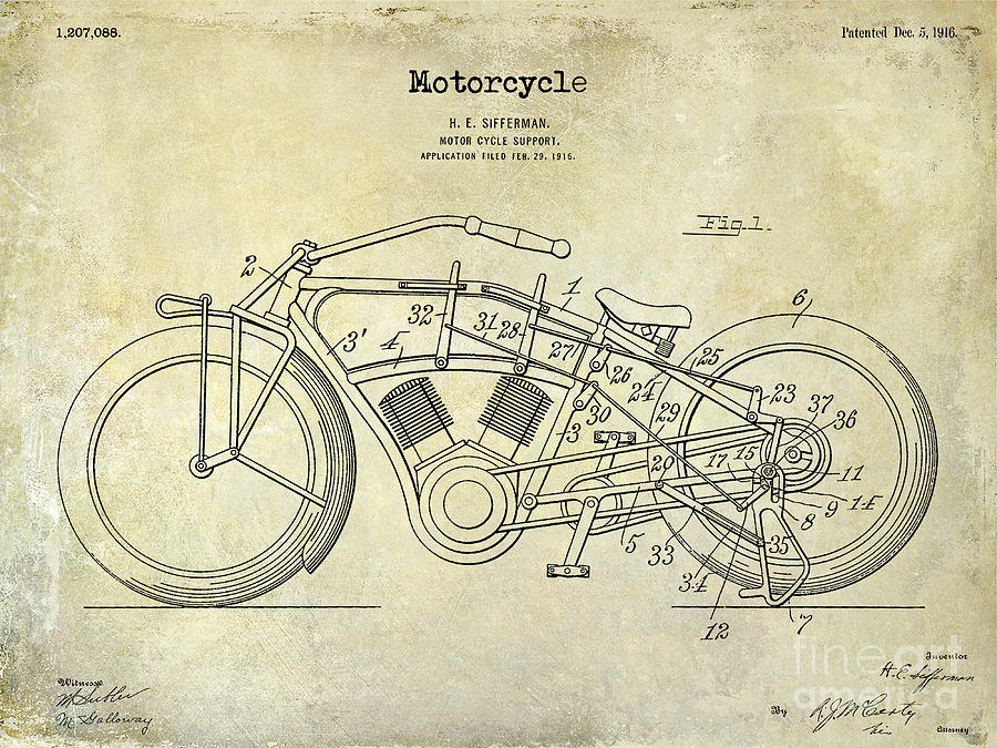 1916 motorcycle Patent Drawing Photograph by Jon Neidert