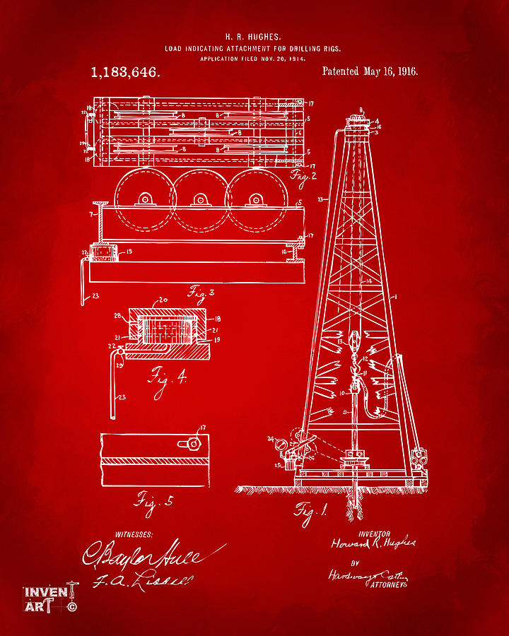 1916 Oil Drilling Rig Patent Artwork - Red Digital Art by Nikki Marie Smith