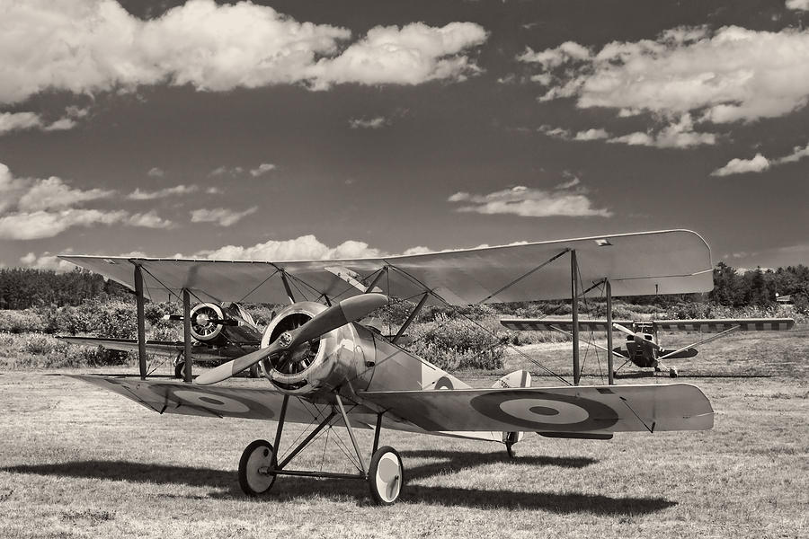 Black And White Photograph - 1916 Sopwith Pup Airplane On Airfield by Keith Webber Jr