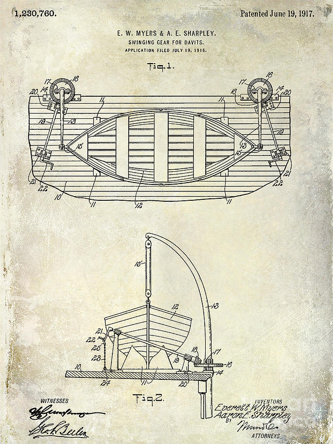 Bass Photograph - 1917 Davit Patent Drawing  by Jon Neidert