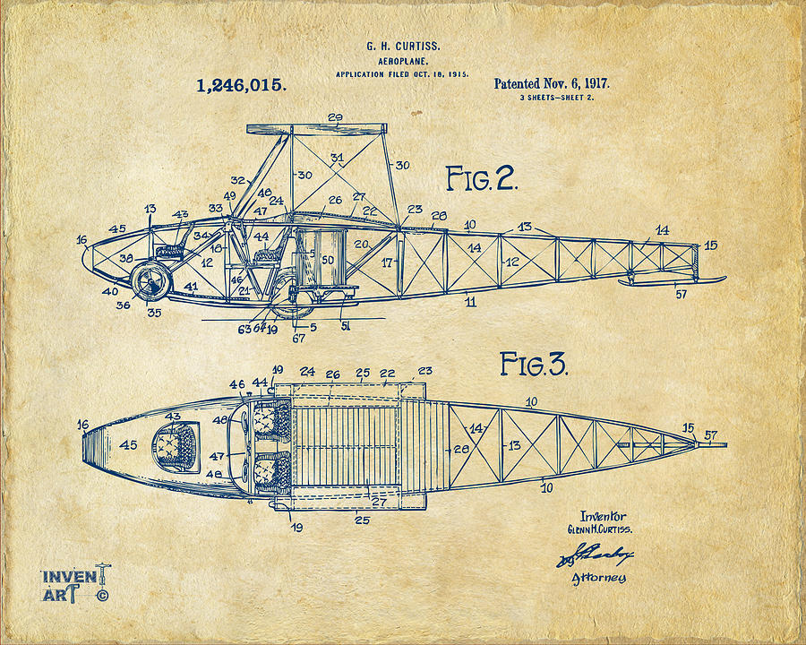 Vintage Digital Art - 1917 Glenn Curtiss Aeroplane Patent Artwork 2 Vintage by Nikki Marie Smith