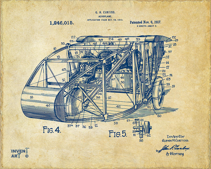 Vintage Digital Art - 1917 Glenn Curtiss Aeroplane Patent Artwork 3 Vintage by Nikki Marie Smith