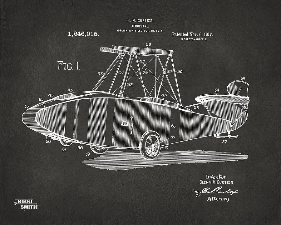 1917 Glenn Curtiss Aeroplane Patent Artwork - Gray Digital Art by Nikki Marie Smith