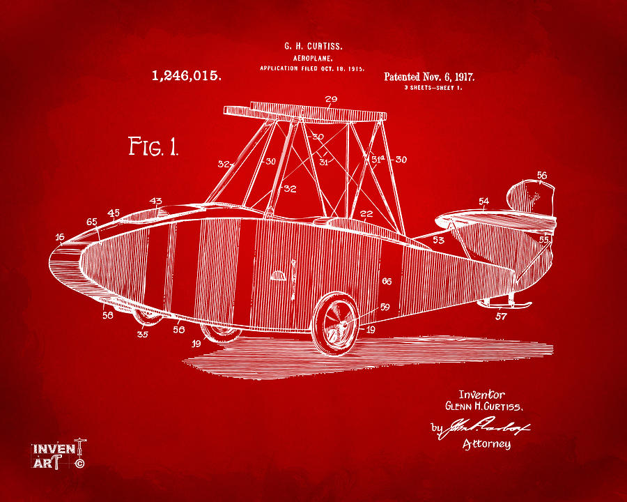1917 Glenn Curtiss Aeroplane Patent Artwork Red Digital Art by Nikki Marie Smith