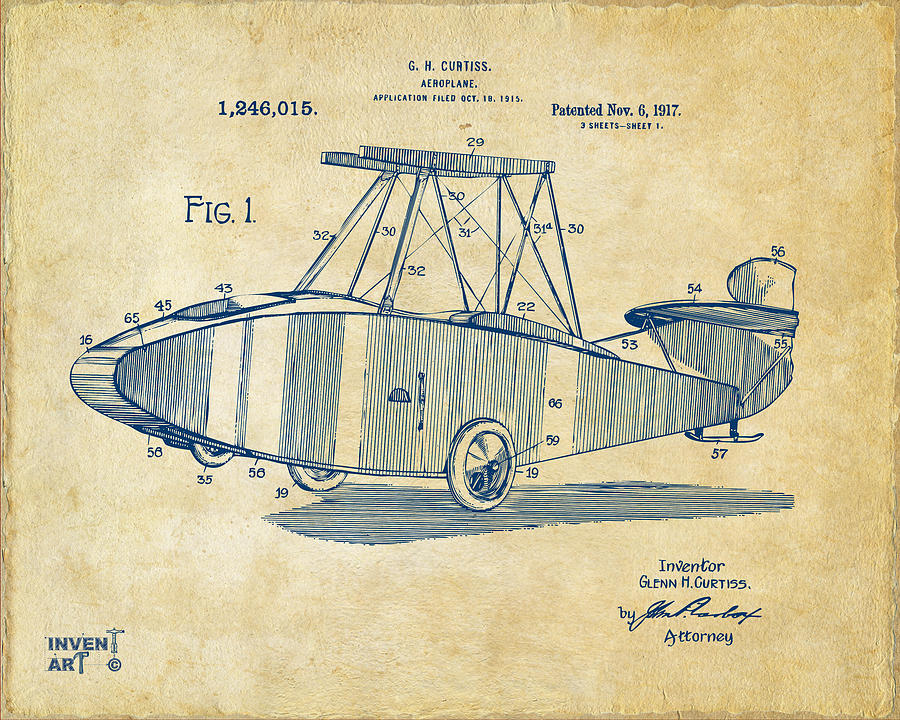 Vintage Digital Art - 1917 Glenn Curtiss Aeroplane Patent Artwork Vintage by Nikki Marie Smith