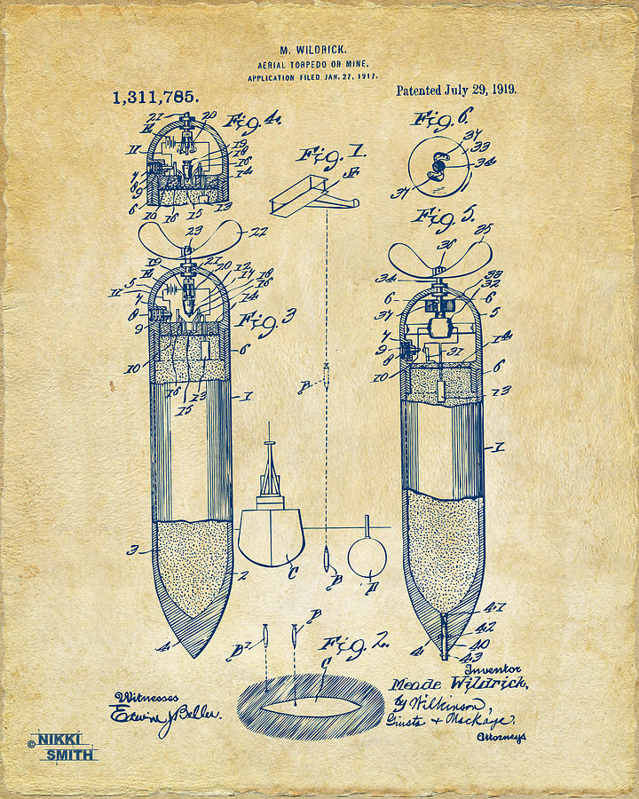 1919 Aerial Torpedo Patent Artwork - Vintage Digital Art by Nikki Marie Smith