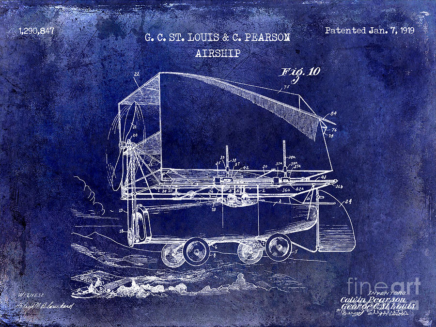 Airplane Drawing - 1919 Airship Patent Drawing Blue by Jon Neidert