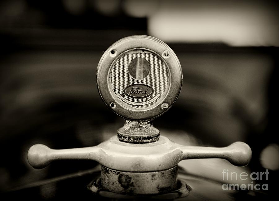 Black And White Photograph - 1919 Ford Model T Hood Ornament in black and white by Paul Ward