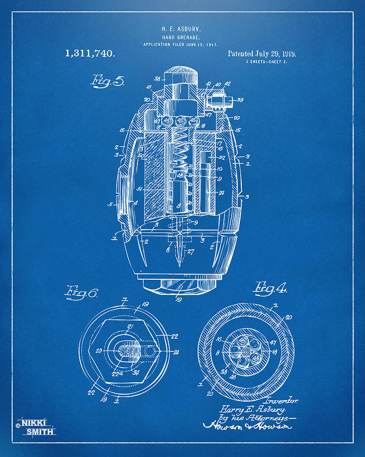 1919 Hand Grenade Patent Artwork - Blueprint Digital Art by Nikki Marie Smith