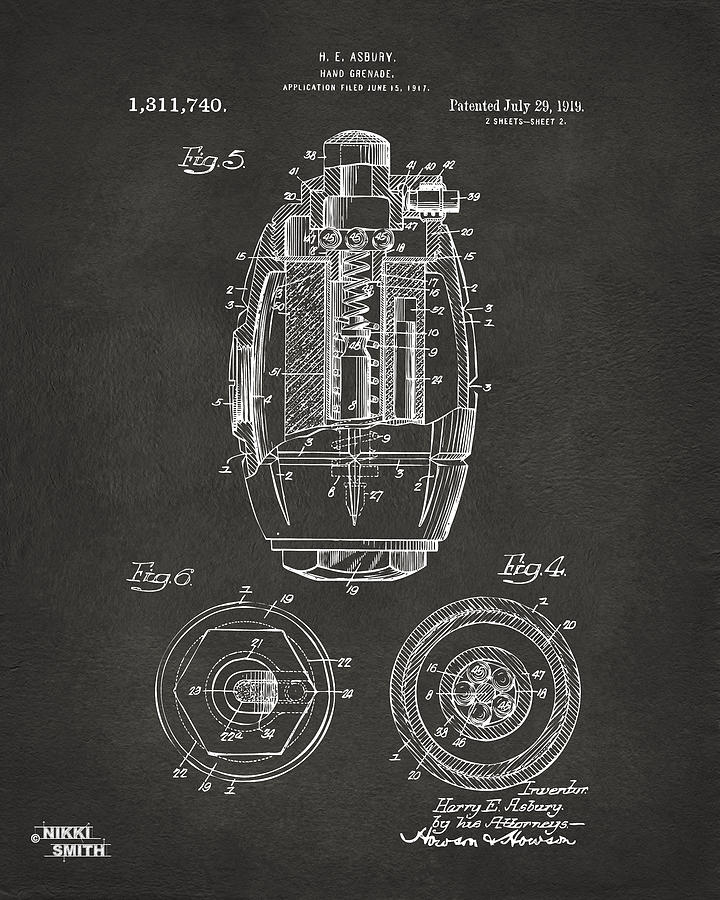 Vintage Digital Art - 1919 Hand Grenade Patent Artwork - Gray by Nikki Marie Smith