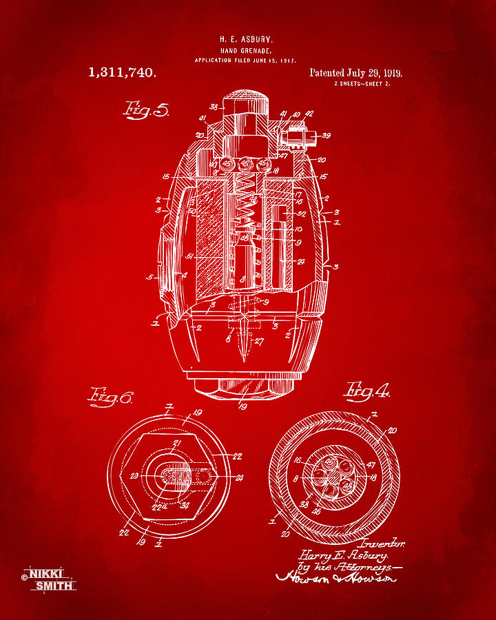 Vintage Digital Art - 1919 Hand Grenade Patent Artwork - Red by Nikki Marie Smith
