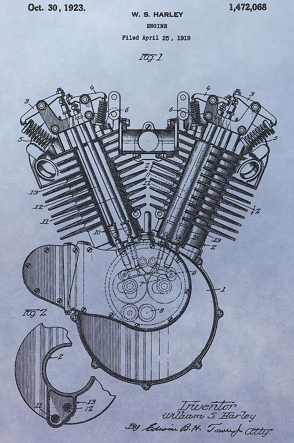 1919 Harley Davidson Engine Patent Drawing by Dan Sproul