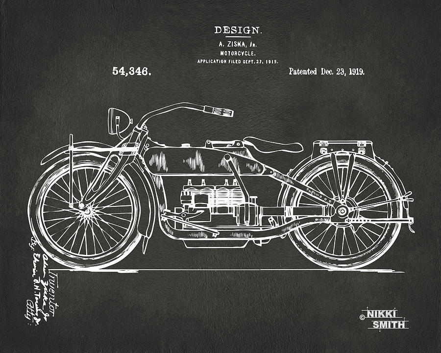 Sports Digital Art - 1919 Motorcycle Patent Artwork - Gray by Nikki Marie Smith