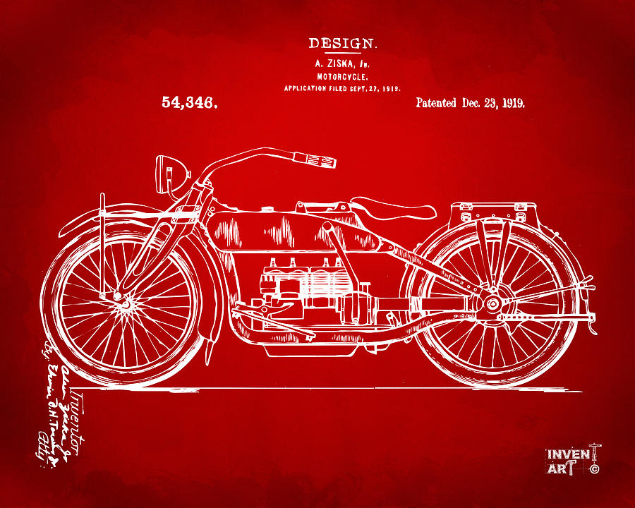 Sports Digital Art - 1919 Motorcycle Patent Red by Nikki Marie Smith
