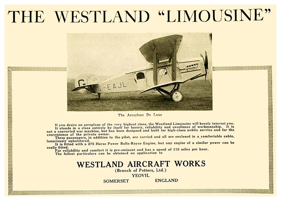 1920 - Westland Aircraft Works Aeroplane Charter Advertisement Digital Art by John Madison