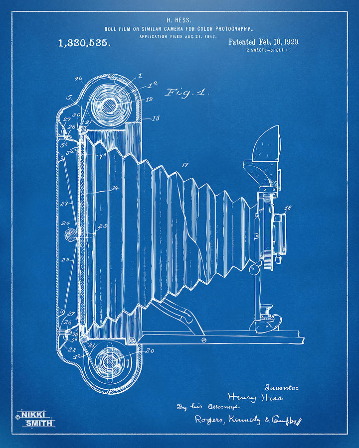 1920 Hess Camera Patent Artwork - Blueprint Drawing by Nikki Marie Smith