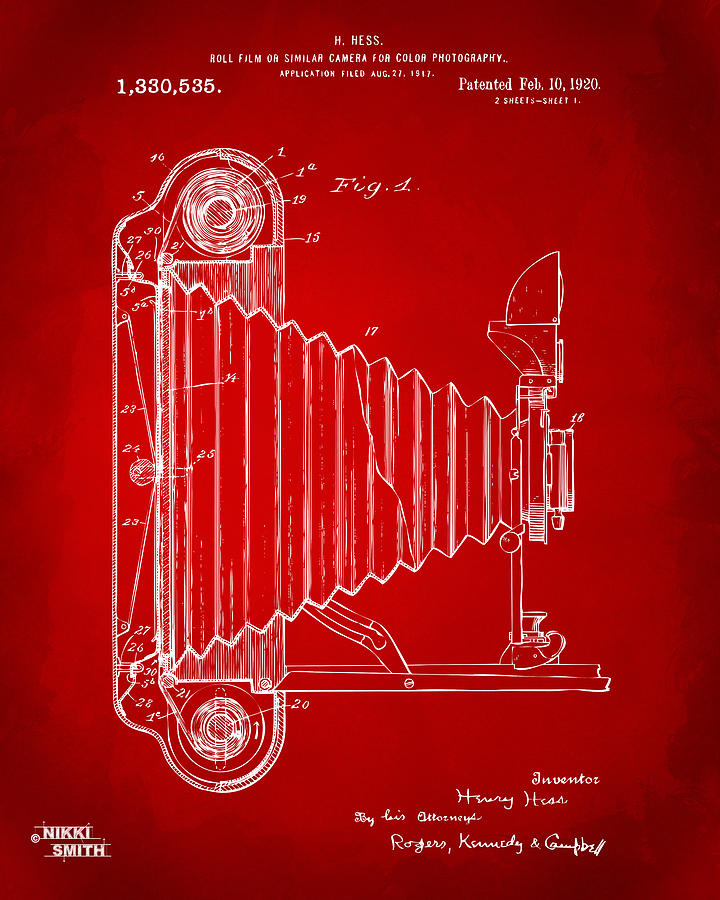 1920 Hess Camera Patent Artwork - Red Drawing by Nikki Marie Smith