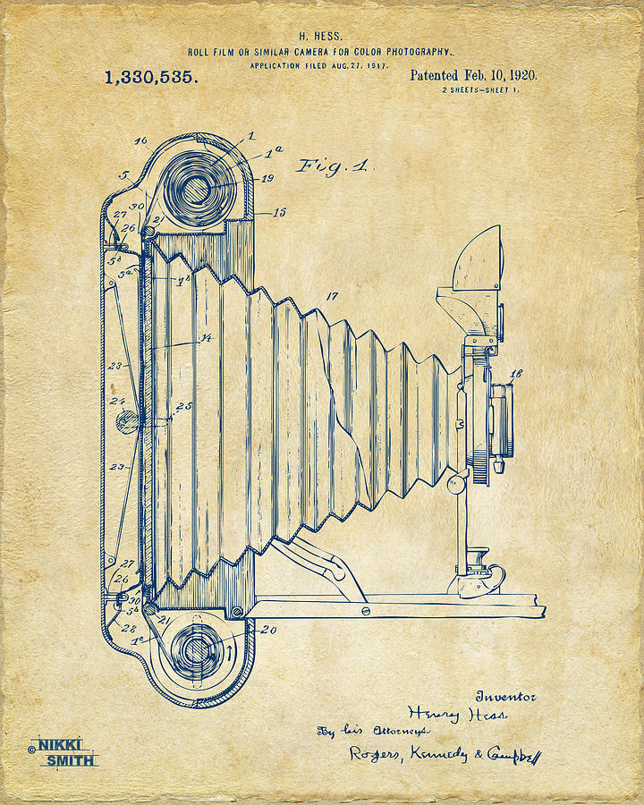 1920 Hess Camera Patent Artwork - Vintage Drawing by Nikki Marie Smith