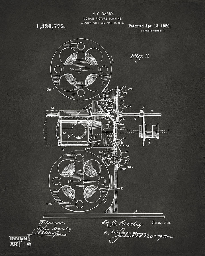 1920 Motion Picture Machine Patent Gray Digital Art by Nikki Marie Smith