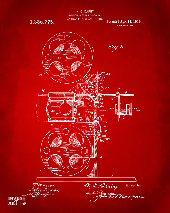 1920 Motion Picture Machine Patent Red Digital Art by Nikki Marie Smith