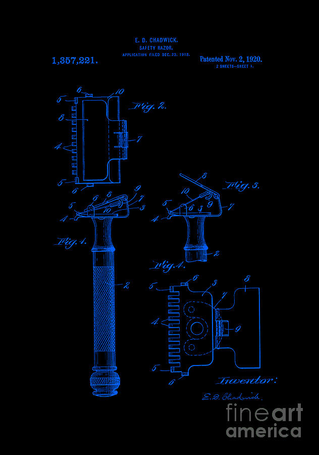 1920 Razor Chadwick Patent Art Blue Digital Art by Lesa Fine