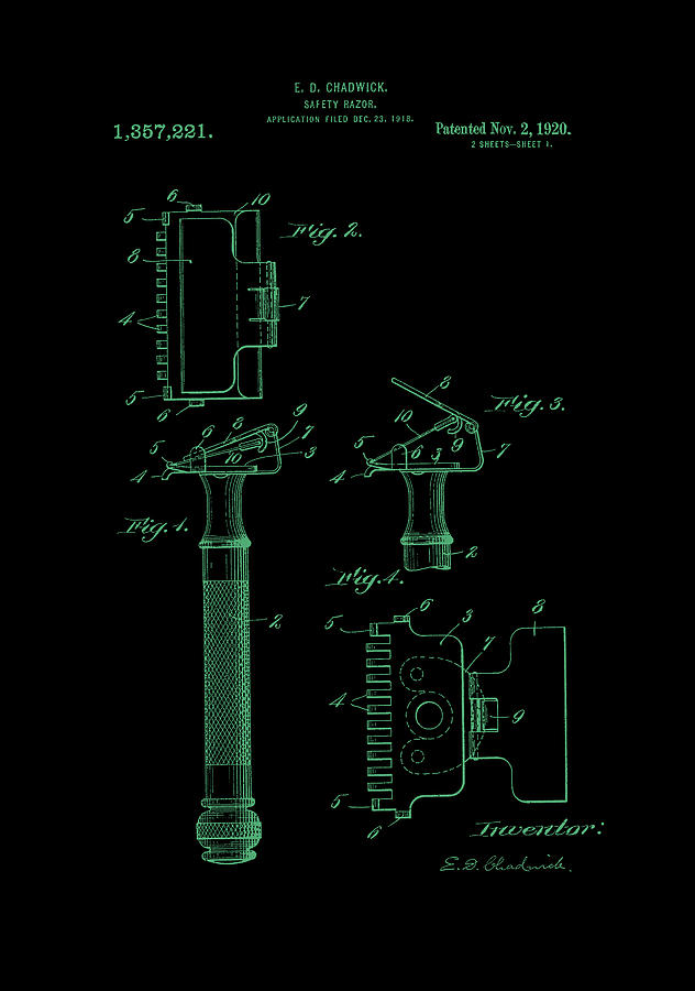 1920 Razor Chadwick Patent Art Green Digital Art by Lesa Fine