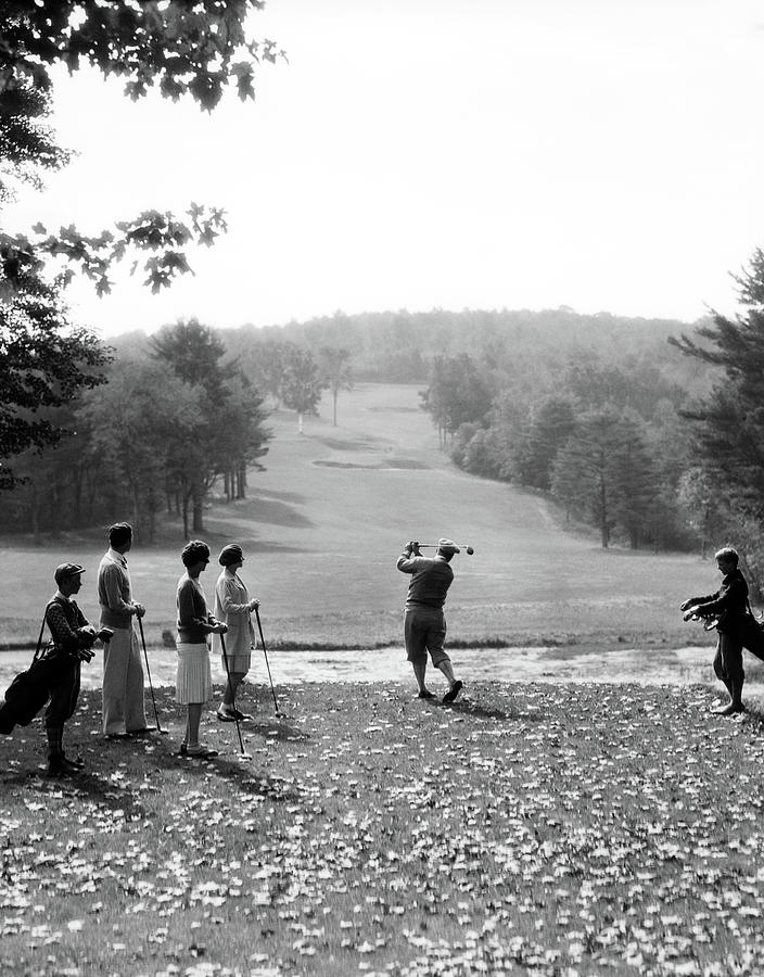 Black And White Photograph - 1920s 1930s Group Of Golfers Teeing by Vintage Images