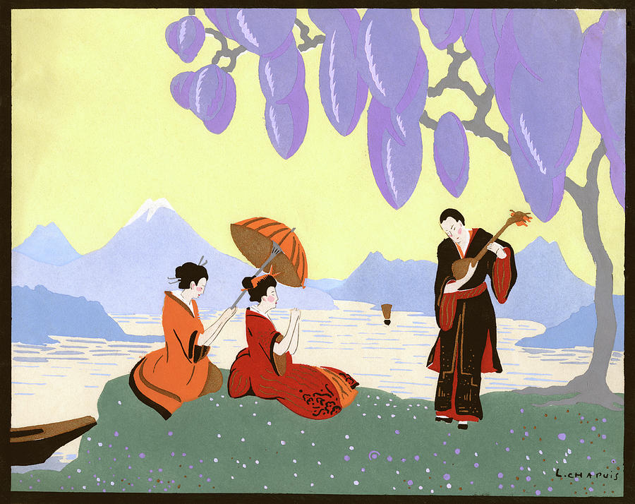 Mountain Painting - 1920s Japanese Man Playing Music by Vintage Images