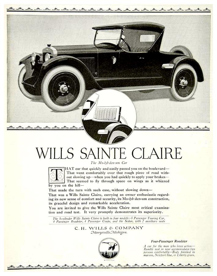 1921 - Wills Sainte Claire Automobile Roadster Advertisement Digital Art by John Madison