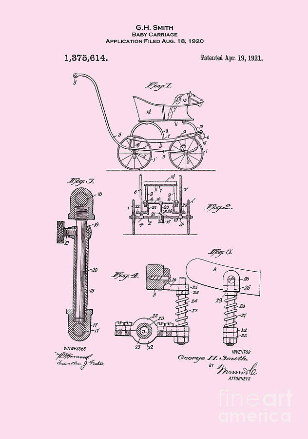 1921 Baby Carriage Pink Patent Art Digital Art by Lesa Fine
