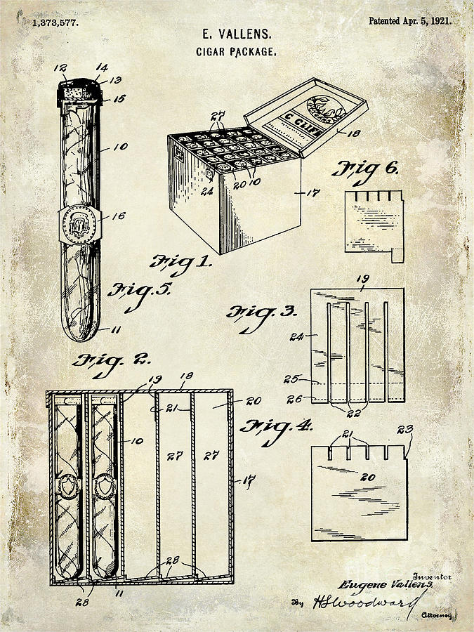 Cigar Photograph - 1921 Cigar Package Patent Drawing  by Jon Neidert