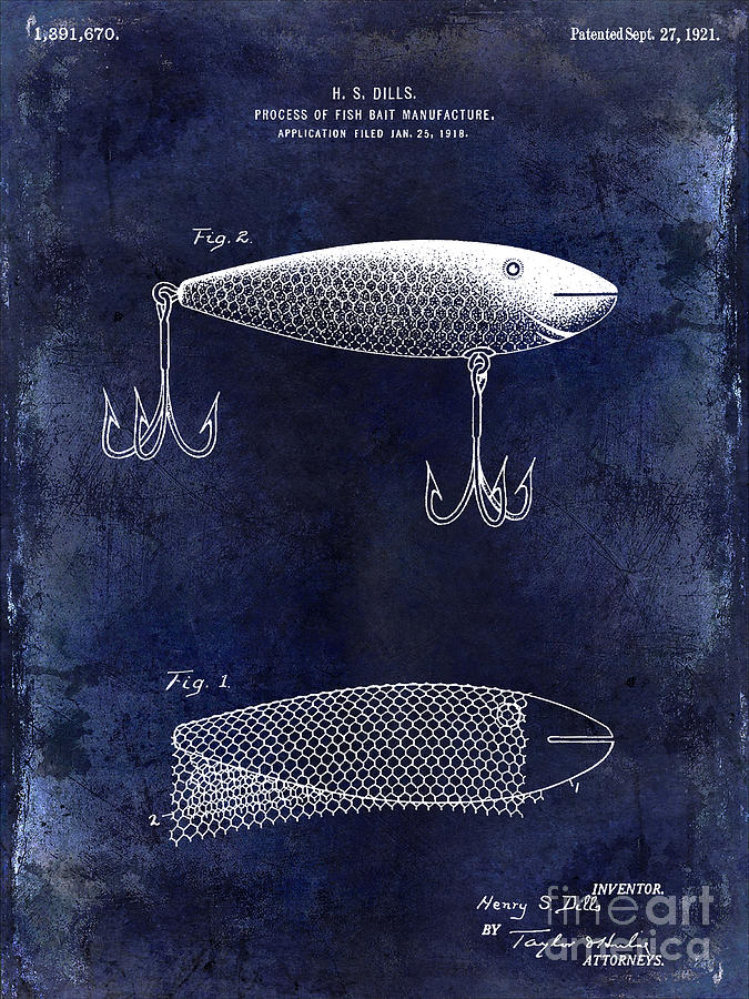 Bass Photograph - 1921 Fish Bait Patent Drawing Blue by Jon Neidert