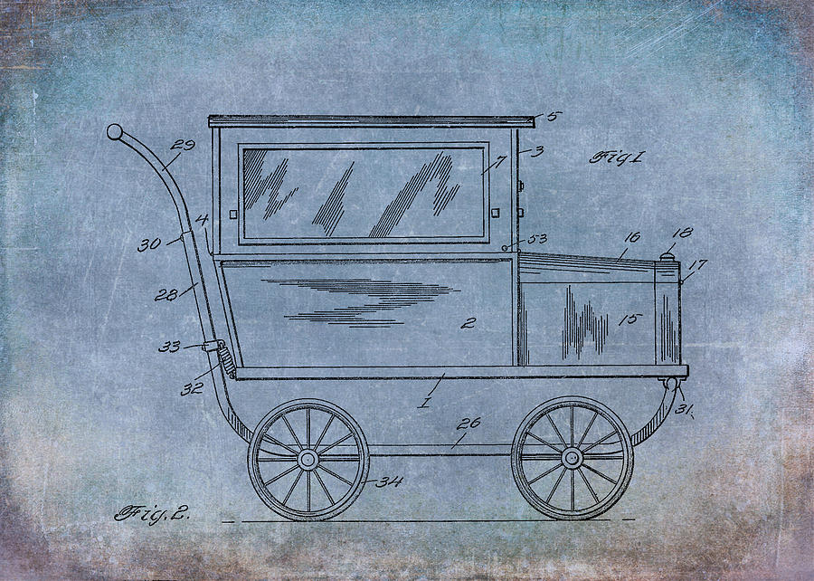 1921 KILMER Patent Baby Carriage Blue Aged Digital Art by Lesa Fine
