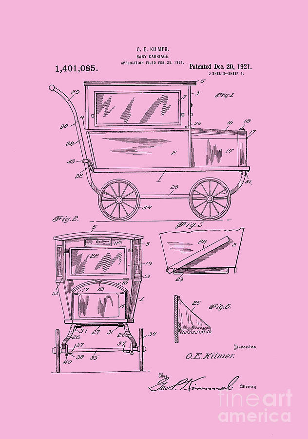 1921 Kilmer Patent Baby Carriage Pink Digital Art by Lesa Fine