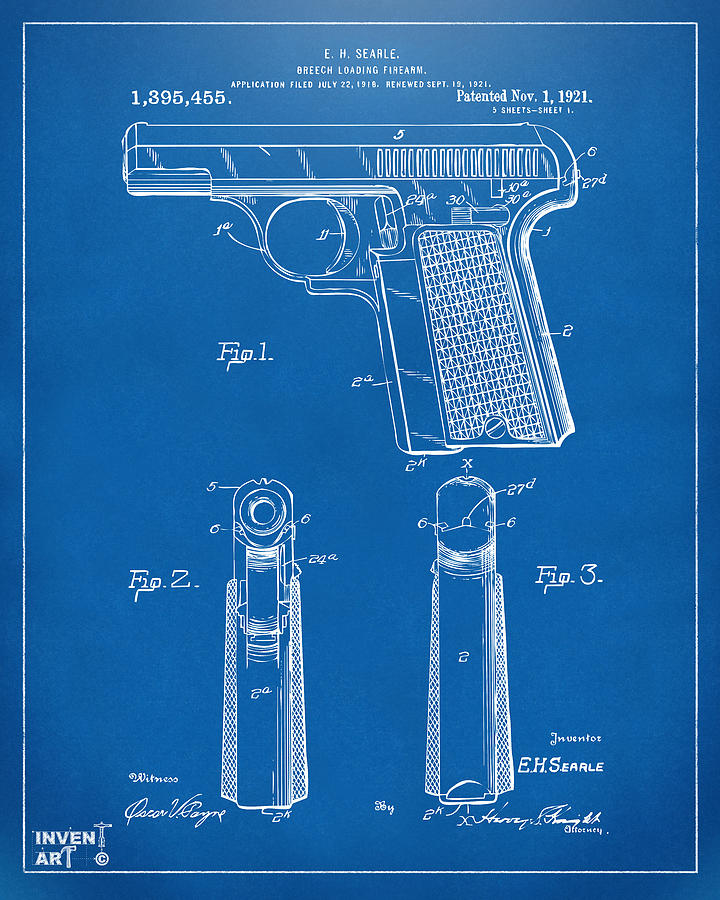1921 Searle Pistol Patent Artwork - Blueprint Digital Art by Nikki Marie Smith