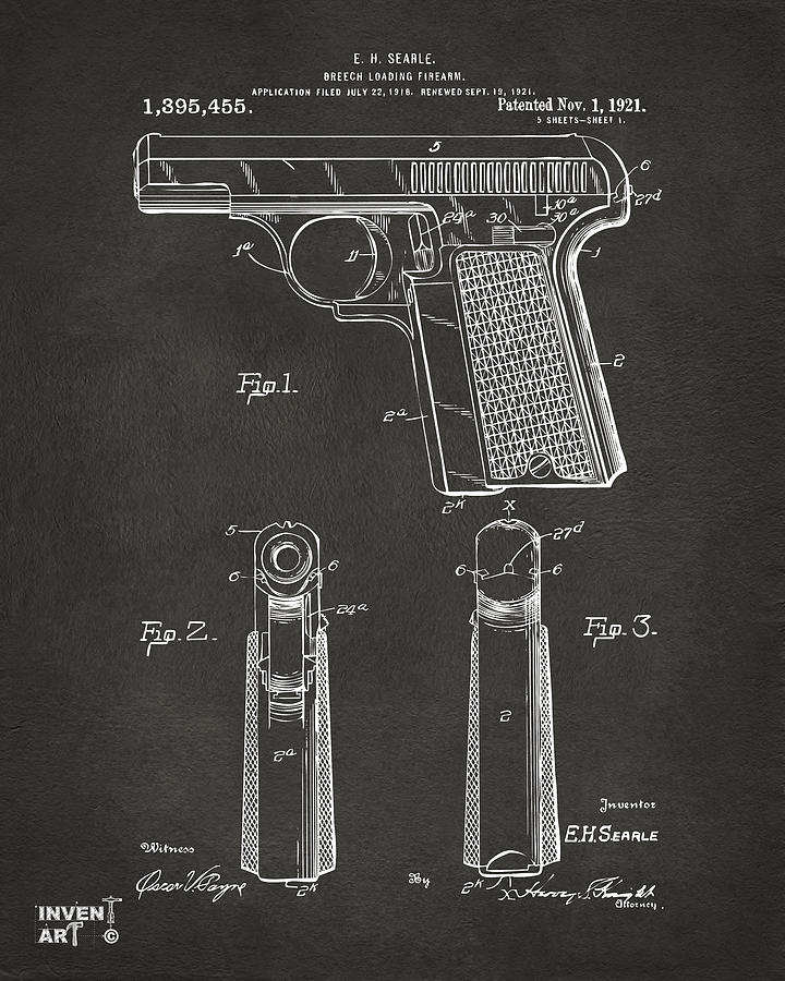Vintage Digital Art - 1921 Searle Pistol Patent Artwork - Gray by Nikki Marie Smith