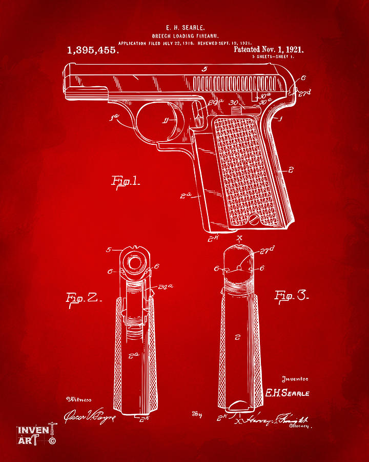 Vintage Digital Art - 1921 Searle Pistol Patent Artwork - Red by Nikki Marie Smith