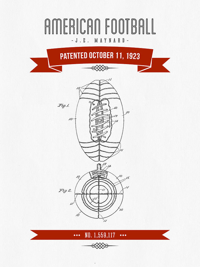 Football Digital Art - 1923 American Football Patent Drawing - Retro Red by Aged Pixel