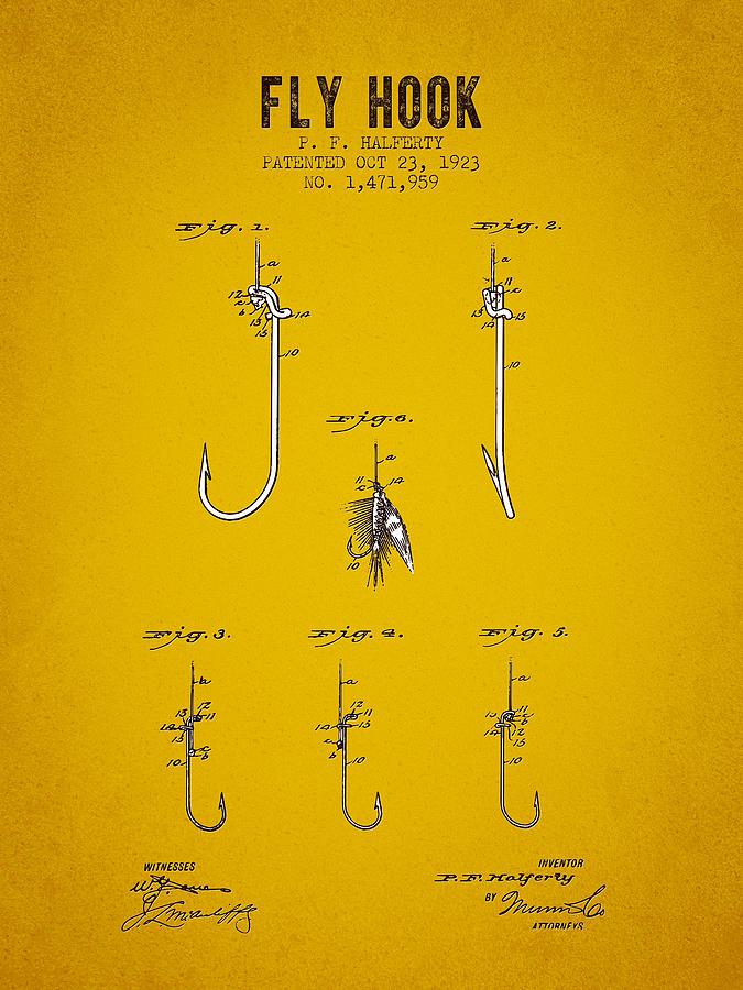 Salmon Digital Art - 1923 Fly Hook Patent - Yellow Brown by Aged Pixel