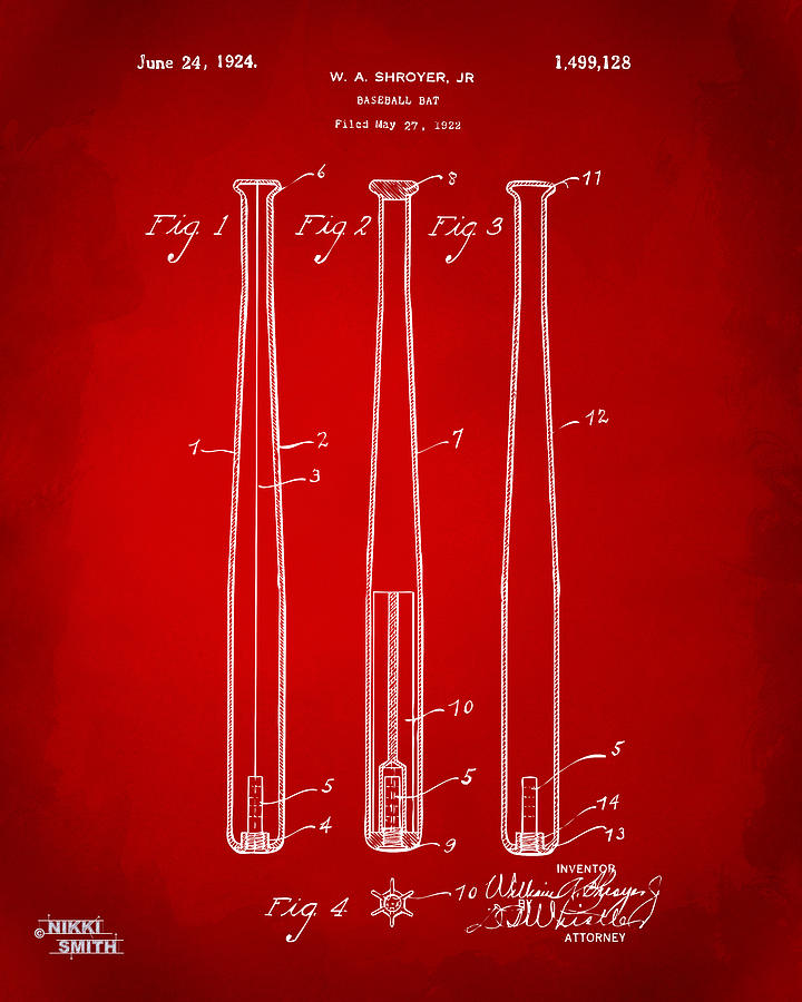 1924 Baseball Bat Patent Artwork - Red Digital Art by Nikki Marie Smith