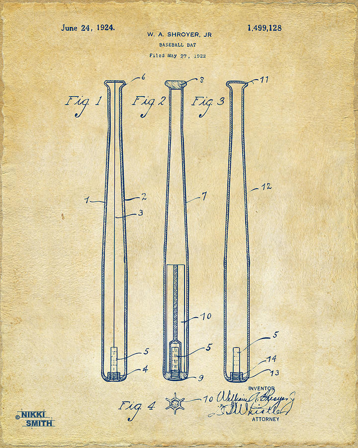1924 Baseball Bat Patent Artwork - Vintage Digital Art by Nikki Marie Smith