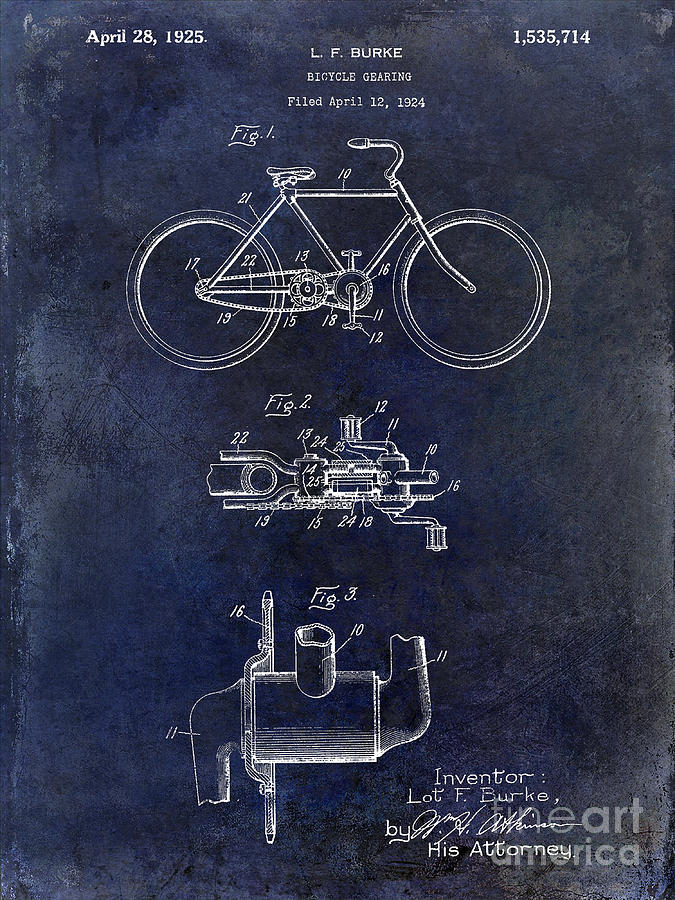 Vintage Photograph - 1924 Bicycle Patent Drawing Blue by Jon Neidert