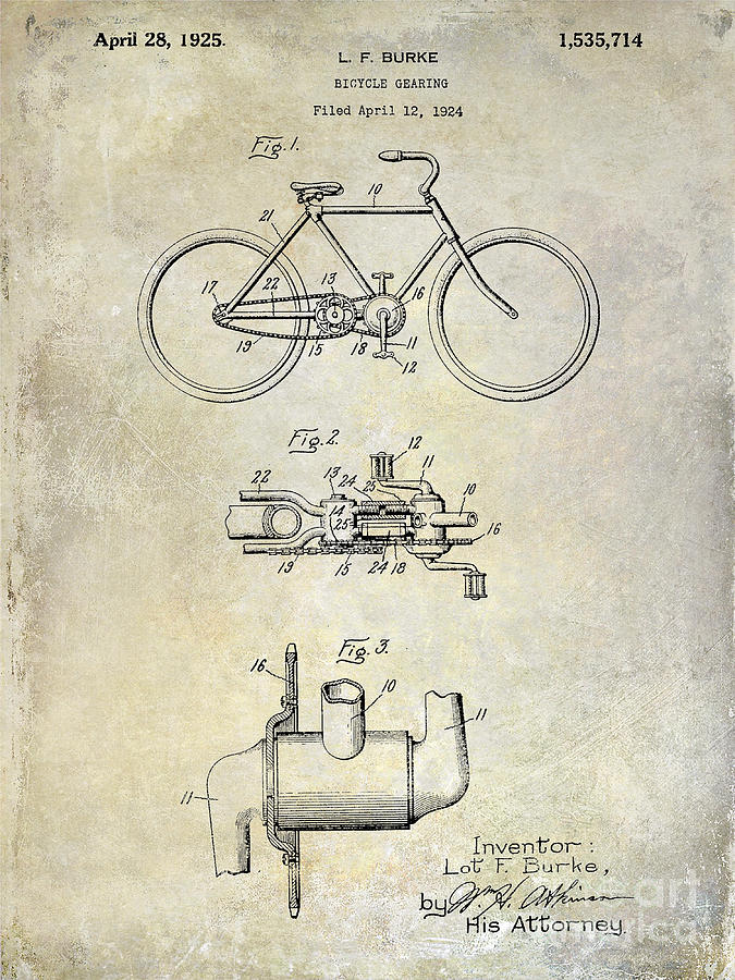 Vintage Photograph - 1924 Bicycle Patent Drawing by Jon Neidert