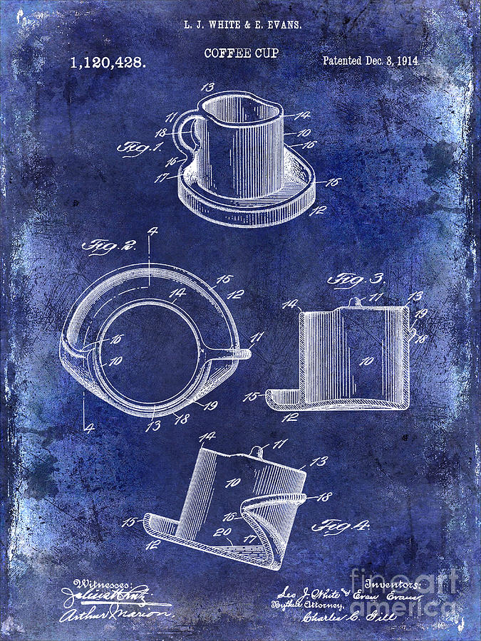 Coffee Photograph - 1924 Coffee Cup Patent Drawing Blue by Jon Neidert