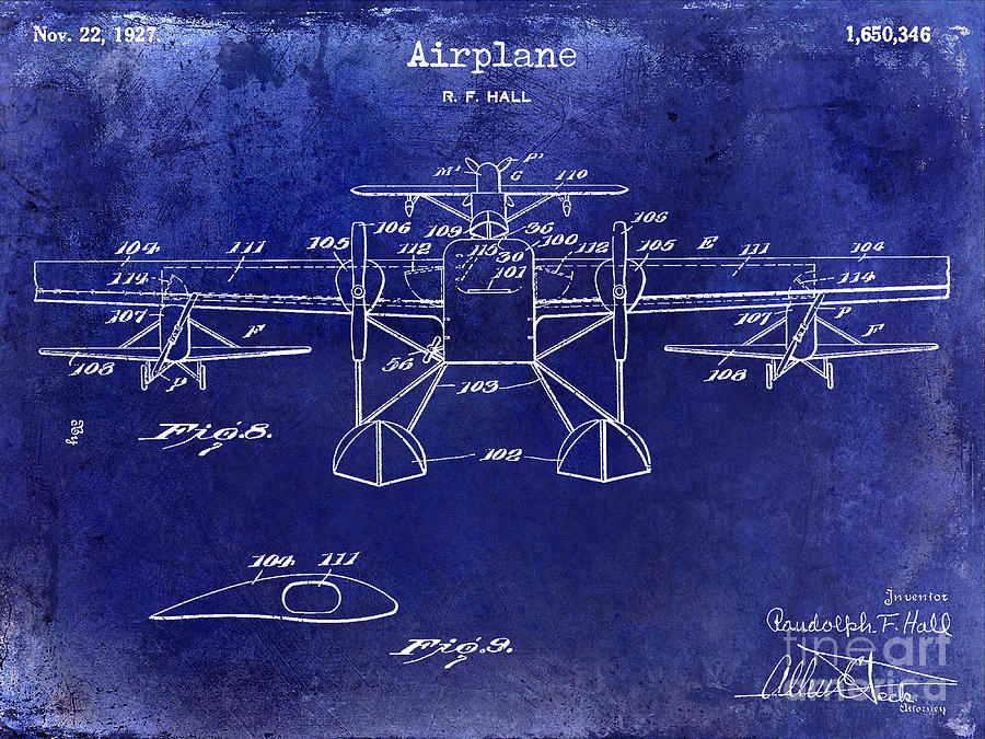 Airplane Photograph - 1927 Airplane Patent Drawing Blue by Jon Neidert