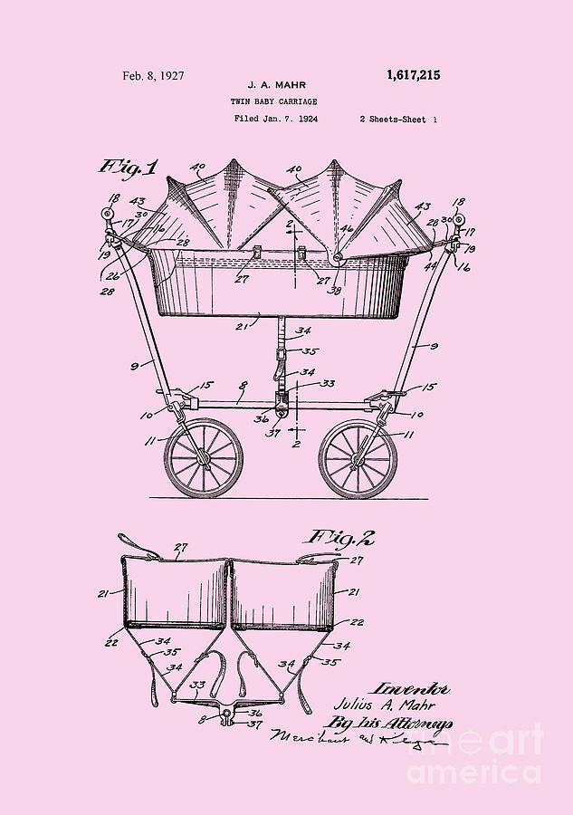 1927 Baby Twin Baby Carriage-Pink Digital Art by Lesa Fine