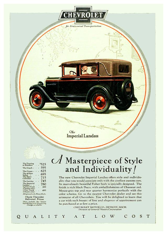 1927 - Chevrolet Imperial Landau Automobile Advertisement - Color Digital Art by John Madison