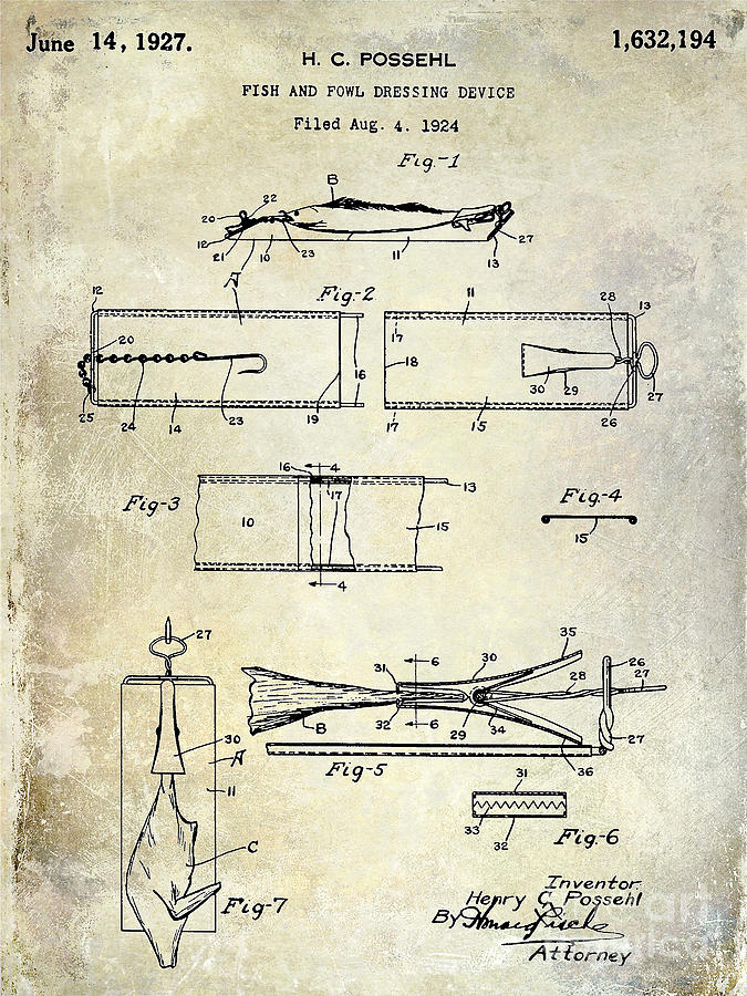 Fish Photograph - 1927 Fish and Fowl cleaning Device Patent by Jon Neidert