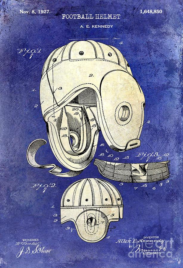 Denver Broncos Photograph - 1927 Football Helmet Patent Drawing 2 Tone Blue by Jon Neidert