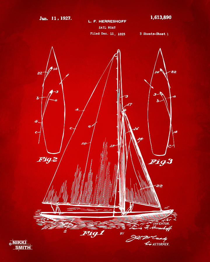 1927 Sailboat Patent Artwork - Red Digital Art by Nikki Marie Smith